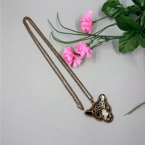 Gold Leopard Head Pendant Vintage Necklace with Crystal Accents